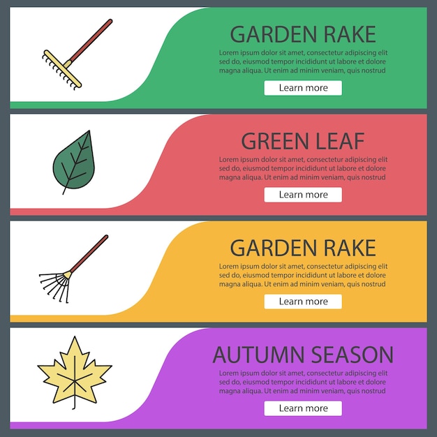 Conjunto de plantillas de banner web de temporada de otoño. Rastrillos, hoja de arce. Elementos del menú de color del sitio web. Conceptos de diseño de encabezados vectoriales