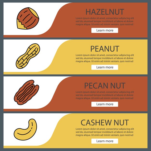 Conjunto de plantillas de banner web de tipos de frutos secos. Avellanas, cacahuetes, nueces y anacardos. Elementos del menú de color del sitio web. Conceptos de diseño de encabezados vectoriales