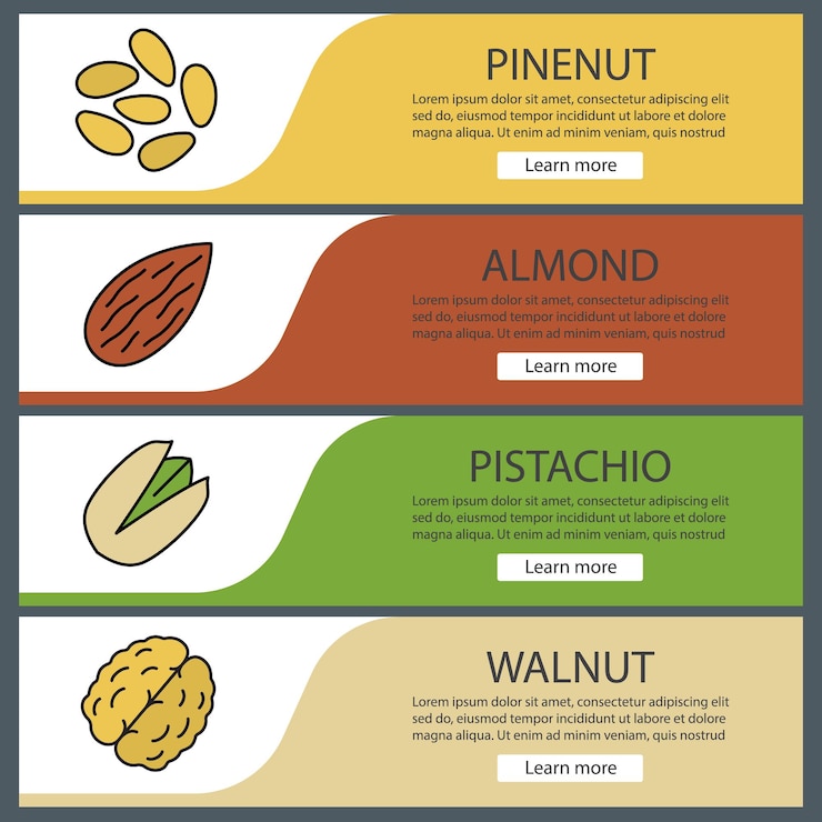 Vector conjunto de plantillas de banner web de tipos de frutos secos. piñón, almendra, pistacho, nuez. elementos del menú de color del sitio web. conceptos de diseño de encabezados vectoriales