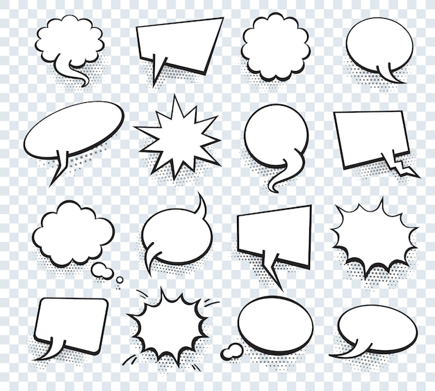 Conjunto de plantillas en blanco en estilo Pop Art Vector Comic Text Speech Bubble Halftone Dot Background Nube vacía de Comics diálogo de libro Espacio para Cartoon Box popart