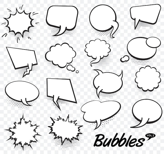 Vector conjunto de plantillas en blanco en estilo pop art vector comic text speech bubble halftone dot background nube vacía de comics diálogo de libro espacio para cartoon box popart