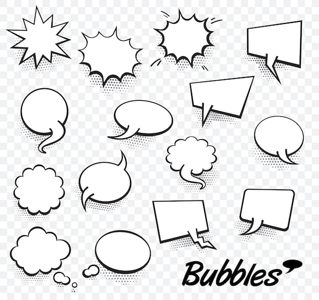 Conjunto de plantillas en blanco en estilo Pop Art Vector Texto cómico Habla Burbuja Punto de medio tono Fondo Nube vacío de diálogo de libro de cómics Espacio para caricaturas Caja popart