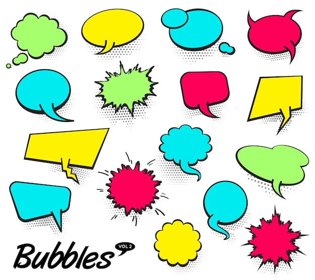 Conjunto de plantillas en blanco en estilo Pop Art Vector Texto cómico Habla Burbuja Punto de medio tono Fondo Nube vacío de diálogo de libro de cómics Espacio para caricaturas Caja popart