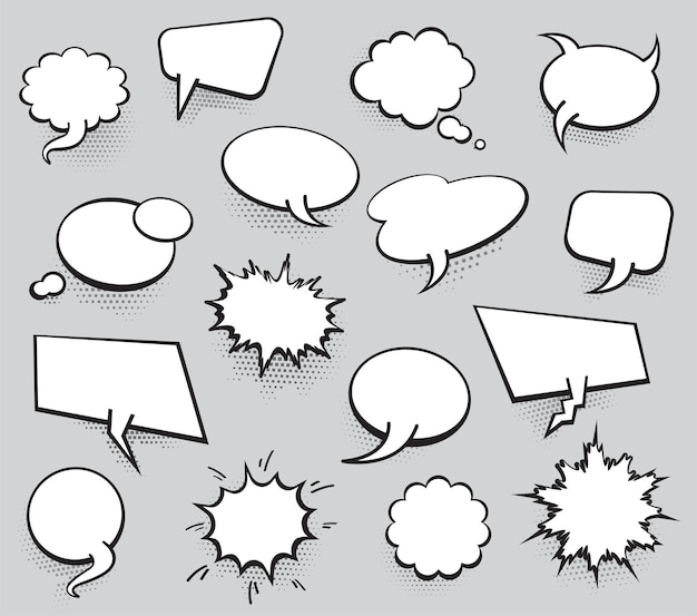 Conjunto de plantillas en blanco en estilo Pop Art Vector Texto cómico Habla Burbuja Punto de medio tono Fondo Nube vacío de diálogo de libro de cómics Espacio para caricaturas Caja popart