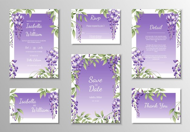 Conjunto de plantillas de boda banners invitaciones Hermosa decoración de postal con glicina púrpura