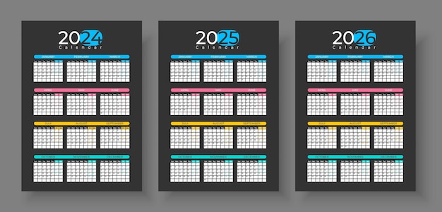Conjunto de plantillas de calendario para los años 2024 2025 2026
