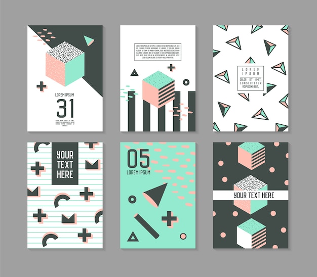 Conjunto de plantillas de carteles de elementos geométricos de estilo Memphis. Abstract Hipster Fashion 80s 90s Cards Brochure Banners con lugar para texto.