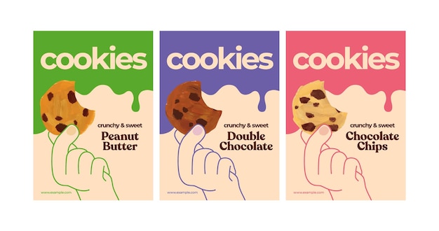 Conjunto de plantillas carteles con manos de dibujos animados ilustrados sosteniendo galletas Bueno para panaderías cafetería