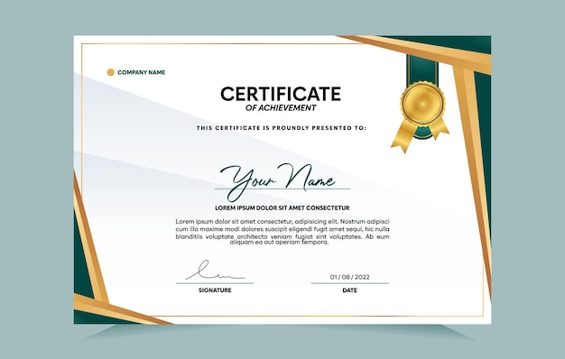 conjunto de plantillas de certificado de logro verde y dorado con insignia dorada y borde
