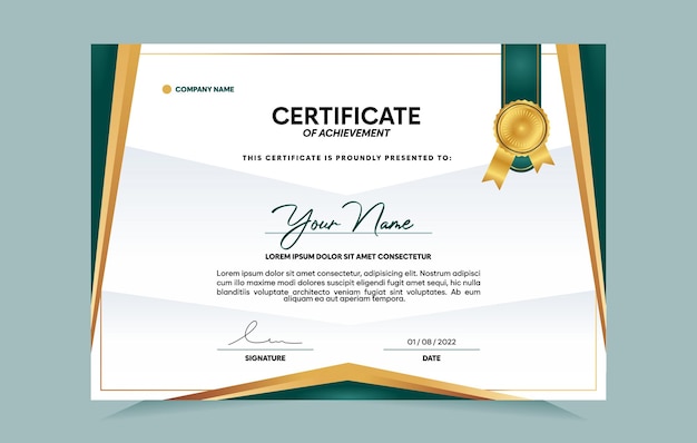conjunto de plantillas de certificado de logro verde y dorado con insignia dorada y borde