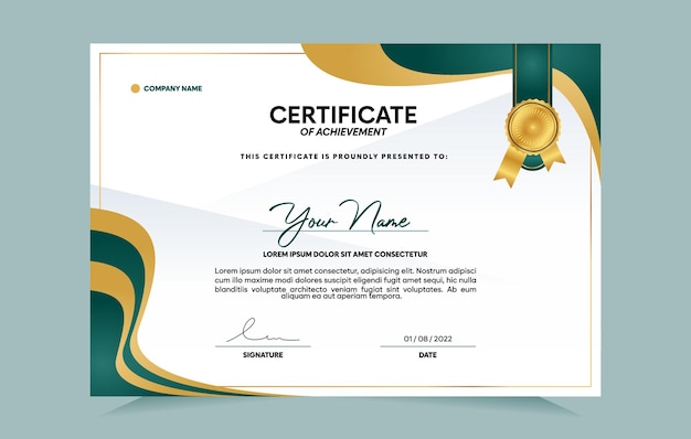 conjunto de plantillas de certificado de logro verde y dorado con insignia dorada y borde