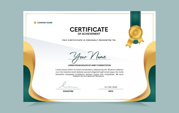 conjunto de plantillas de certificado de logro verde y dorado con insignia dorada y borde