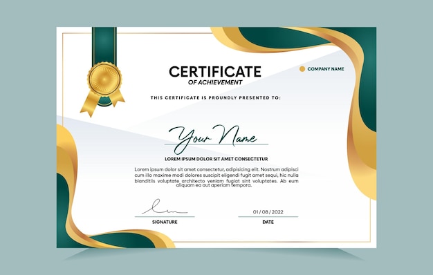 conjunto de plantillas de certificado de logro verde y dorado con insignia dorada y borde