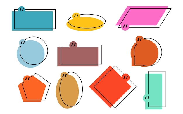 Conjunto de plantillas coloridas para citas en estilo de dibujos animados Ilustración vectorial de burbujas de habla de diferentes formas geométricasRectángulos, ovales, círculos, cuadrados, pentágonos, rombos aislados sobre fondo blanco