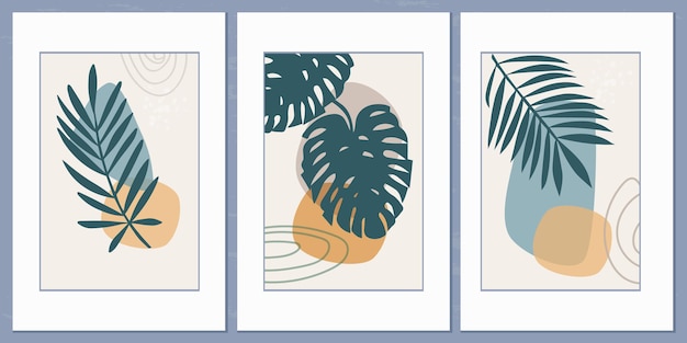 Conjunto de plantillas con una composición abstracta de formas simples y hojas de palmeras tropicales