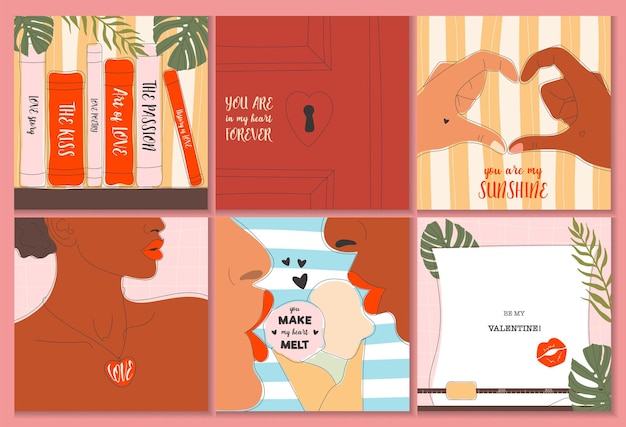 Conjunto de plantillas de concepto de tarjetas de felicitación del día de San Valentín en diseño plano con ilustraciones de dibujo a mano y letras