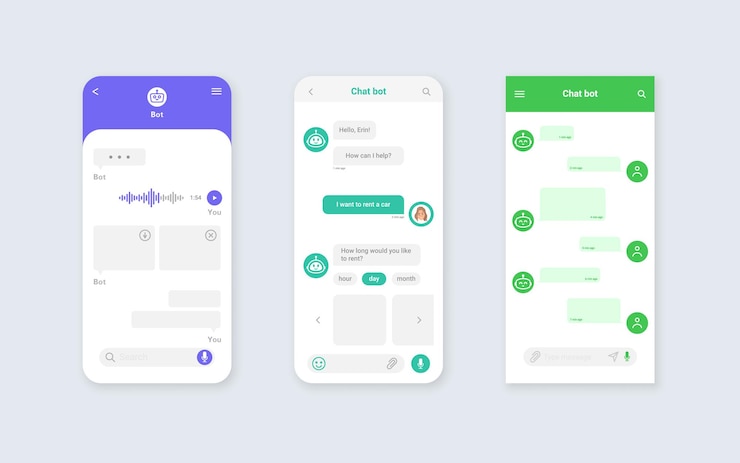 Vector conjunto de plantillas de cuadro de diálogo de interfaz móvil de chat bot. elementos de ui ux para diseño web. ilustración vectorial.
