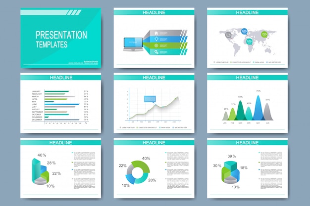 Conjunto de plantillas para diapositivas de presentación multipropósito. diseño de negocios moderno con gráficos y tablas.