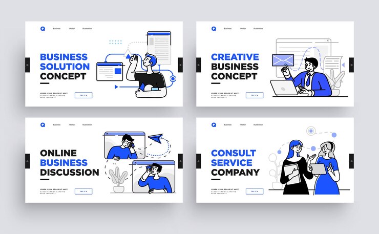 Vector conjunto de plantillas de diapositivas de presentación o diseño de sitios web de páginas de inicio ilustraciones de conceptos de negocios