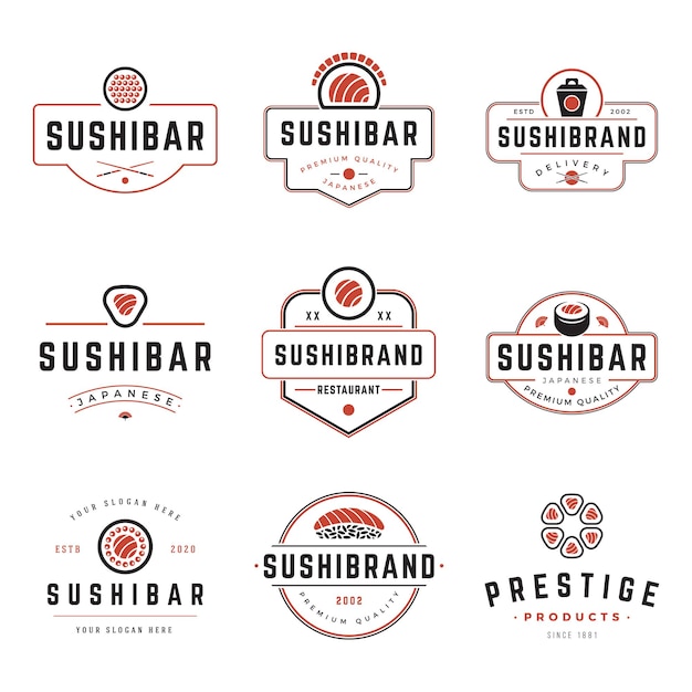 Conjunto de plantillas de diseño de etiquetas e insignias de tienda de sushi