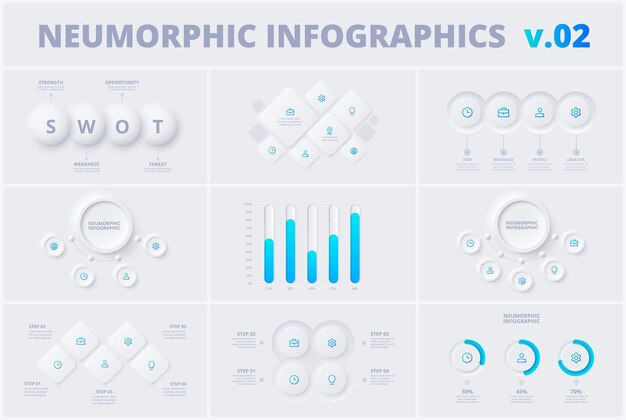 Conjunto con plantillas de diseño infográfico neumórfico con 3 5 y 6 opciones o pasos