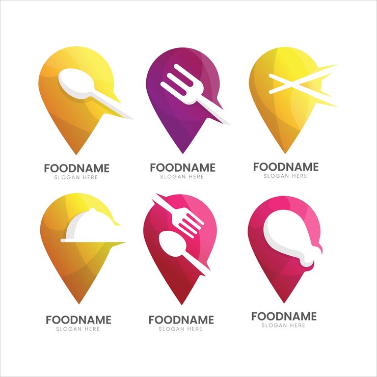 conjunto de plantillas de diseño de logotipo de ubicación de restaurante en estilo colorido