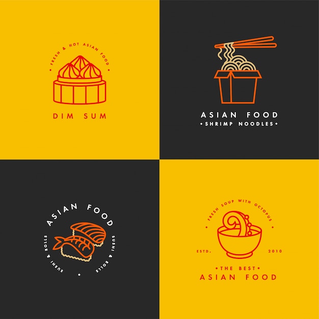 Conjunto de plantillas de diseño de logotipos y emblemas o insignias. Comida asiática: fideos, dim sum, sopa, sushi. Logotipos lineales, dorado y rojo.