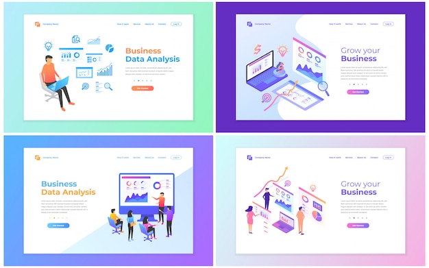 Conjunto de plantillas de diseño de páginas web para análisis de datos, marketing digital, trabajo en equipo, estrategia empresarial y análisis.