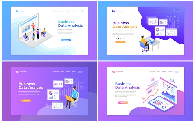 Conjunto de plantillas de diseño de páginas web para análisis de datos, marketing digital, trabajo en equipo, estrategia empresarial y análisis.