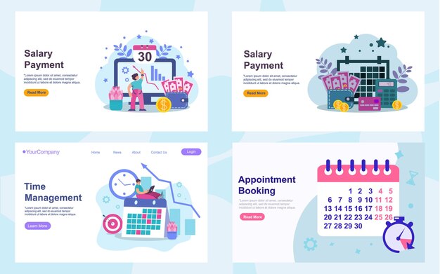 Conjunto de plantillas de diseño de páginas web. Conceptos de ilustración vectorial moderna para el desarrollo de sitios web y sitios web móviles, SEO, aplicaciones móviles, soluciones comerciales. Fácil de editar y personalizar. EPS