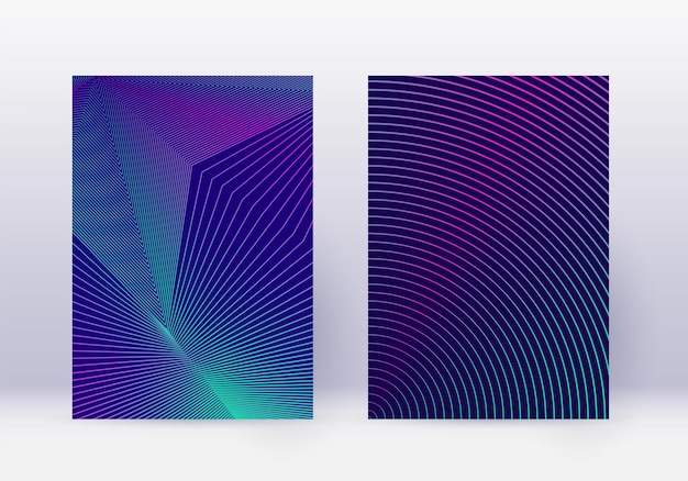Conjunto de plantillas de diseño de portada. Diseño de folleto moderno de líneas abstractas. Degradados de semitono vibrantes de neón sobre fondo azul oscuro. Espléndido folleto, catálogo, cartel, libro, etc.