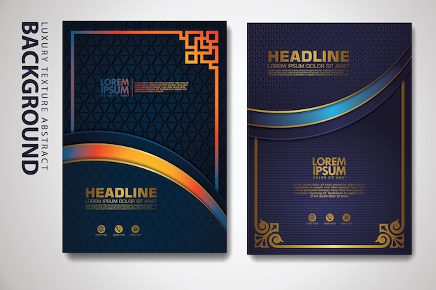 Conjunto de plantillas de diseño de portada con efecto de brillo de color y marco de elegancia en fondo texturizado