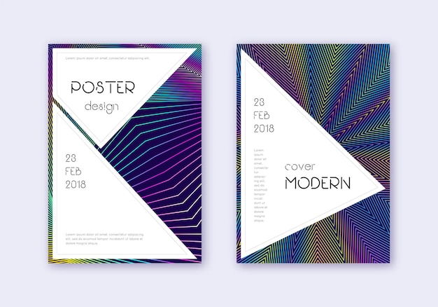 Conjunto de plantillas de diseño de portada con estilo. Líneas abstractas de arco iris sobre fondo azul oscuro. Diseño de portada fantástico. Elegante catálogo, póster, plantilla de libro, etc.