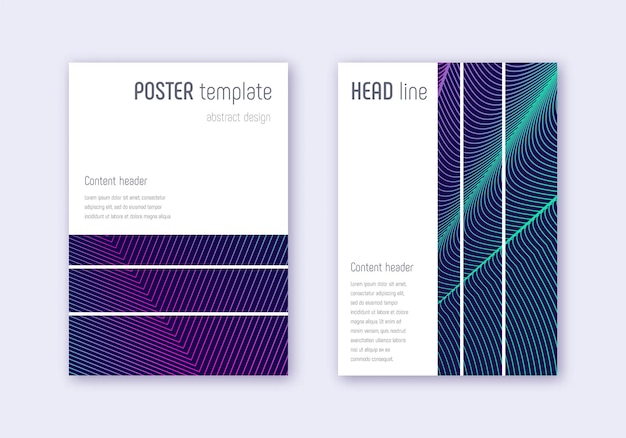 Conjunto de plantillas de diseño de portada geométrica. Líneas abstractas de neón sobre fondo azul oscuro. Diseño de portada fascinante. Catálogo energético, póster, plantilla de libro, etc.