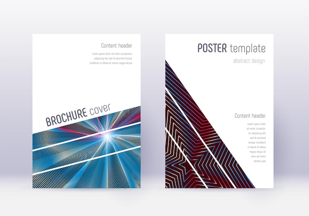 Conjunto de plantillas de diseño de portada geométrica. Líneas abstractas rojas sobre fondo azul blanco. Diseño de portada cautivador. Catálogo clásico, póster, plantilla de libro, etc.