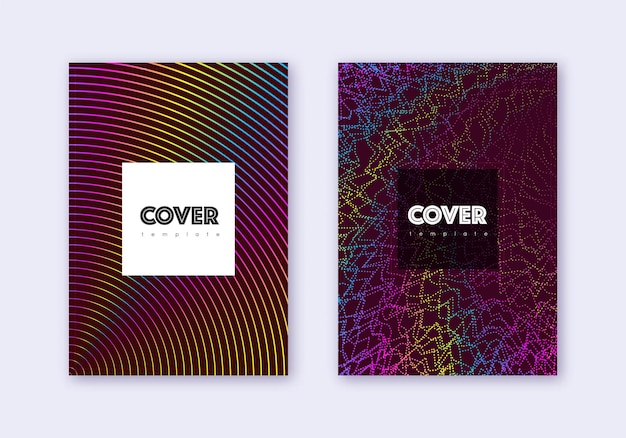 Conjunto de plantillas de diseño de portada hipster. Arco iris líneas abstractas sobre fondo rojo vino. Diseño de portada creativa. Catálogo valioso, póster, plantilla de libro, etc.