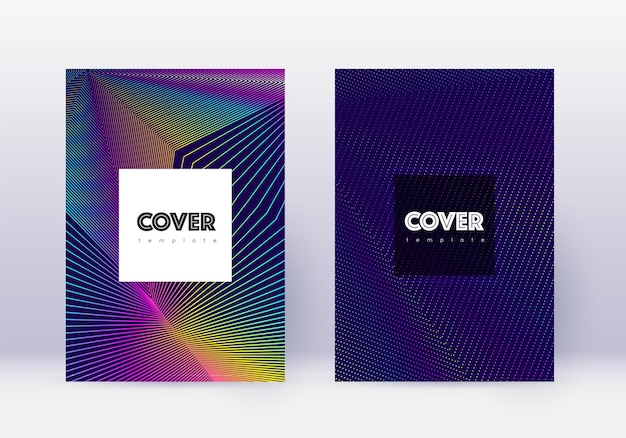 Conjunto de plantillas de diseño de portada hipster. Líneas abstractas de arco iris sobre fondo azul oscuro. Diseño de portada creativa. Catálogo emocional, póster, plantilla de libro, etc.