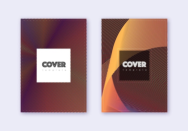 Conjunto de plantillas de diseño de portada hipster. Líneas abstractas naranjas sobre fondo rojo vino. Diseño de portada creativa. Catálogo extraño, póster, plantilla de libro, etc.