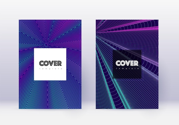 Conjunto de plantillas de diseño de portada hipster. Líneas abstractas de neón sobre fondo azul oscuro. Diseño de cubierta genial. Precioso catálogo, póster, plantilla de libro, etc.