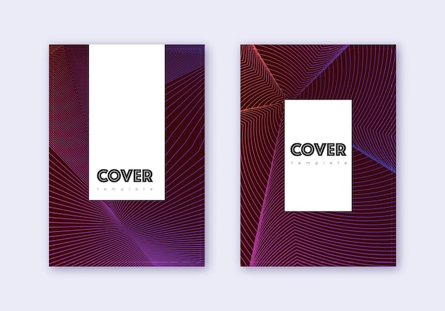 Conjunto de plantillas de diseño de portada hipster. líneas abstractas violetas sobre fondo oscuro. diseño de cubierta agradable. catálogo fascinante, póster, plantilla de libro, etc.