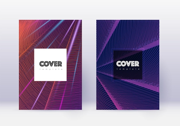 Conjunto de plantillas de diseño de portada hipster. Líneas abstractas violetas sobre fondo oscuro. Diseño de portada curioso. Catálogo ideal, póster, plantilla de libro, etc.