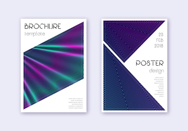 Conjunto de plantillas de diseño de portada triangular. Líneas abstractas de neón sobre fondo azul oscuro. Diseño de portada ideal. Catálogo indeleble, póster, plantilla de libro, etc.