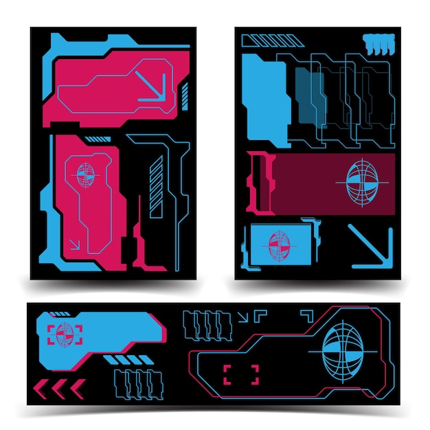 Conjunto de plantillas de diseño retrofuturista, cyberpunk, de ciencia ficción y de los años 2000 y2k para panel de control de aplicaciones UX/UI, ilustración vectorial 2D