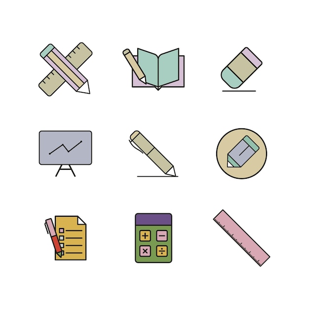 El conjunto de plantillas de diseño vectorial de iconos de papelería es simple y moderno.