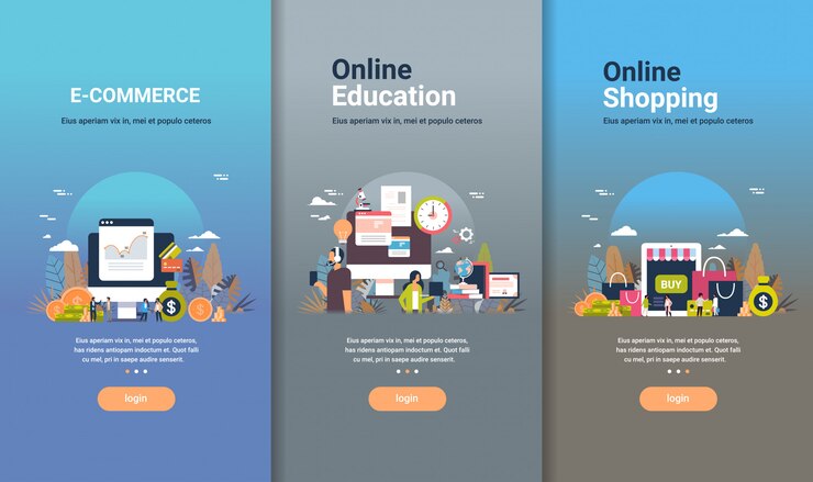 Vector conjunto de plantillas de diseño web para educación en línea de comercio electrónico y conceptos de compras en línea diferentes colecciones comerciales