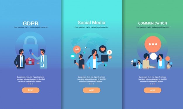 Conjunto de plantillas de diseño web gdpr comunicación de redes sociales colección de diferentes conceptos de negocios