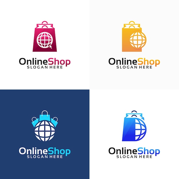 Vector conjunto de plantillas de diseños de logotipo de tienda en línea, tienda en línea con el logotipo del sitio web de globe vector