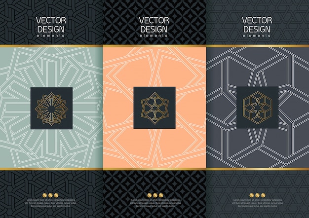 Conjunto de plantillas de embalaje, etiquetas negras y marcos para el embalaje de productos de lujo en estilo lineal moderno, pancarta, identidad, marca, patrón dorado en estilo lineal moderno, ilustración
