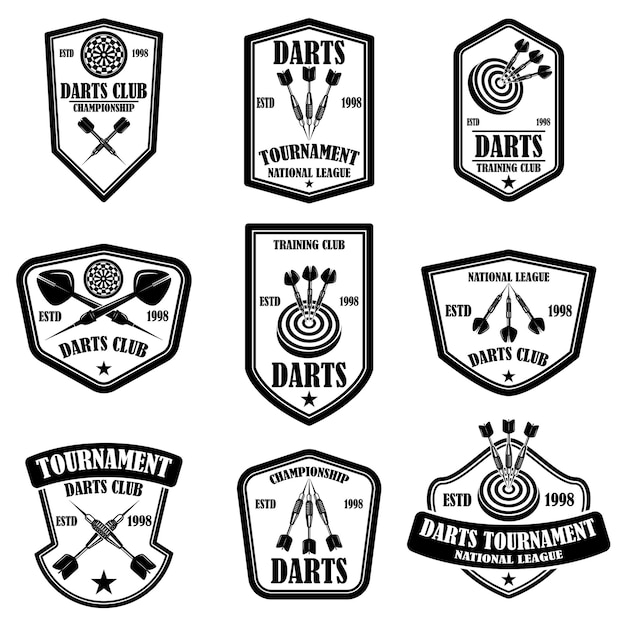 Conjunto de plantillas de etiquetas de club de dardos. elemento de diseño de logotipo, etiqueta, letrero, cartel, camiseta.