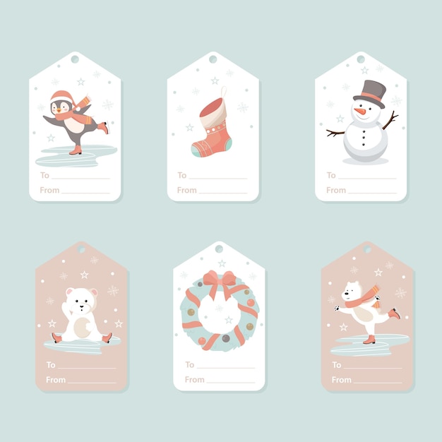 Vector conjunto de plantillas de etiquetas de regalo con corona navideña y personajes patinadores sobre hielo pingüinos osos y muñeco de nieve